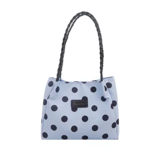 Borsa a tracolla a pois blu, elegante borsa da lavoro con manici intrecciati chic.