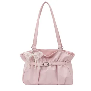 Moderna borsa a tracolla in pelle PU rosa da donna, elegante design plissettato con fiocco in pizzo.