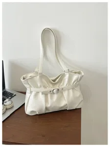 Borsa a spalla arricciata bianca da donna, elegante borsa in pelle PU con fibbia per lavoro quotidiano.