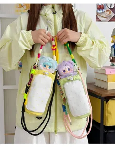 Dopamine color contrast crossbody phone bag and cute plush doll water cup holder for women.