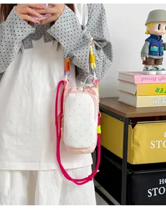 Dopamine colorblock crossbody bag, casual phone pouch, cute polka dot design, outdoor bucket bag.