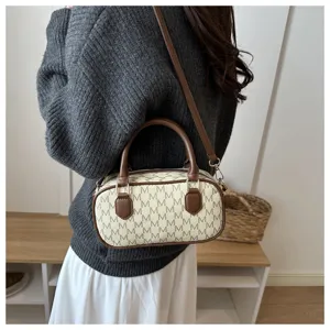 Vintage Monogram kleine Handtasche, brauner Besatz Umhängetasche für Damen, Detailansicht.
