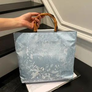 Nouveau Sac Cabas en Toile Brodé Double Face de Style Chinois Poignée en Bambou Grande Capacité Sac à Main Décontracté