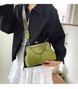 Retro green suede women shoulder bag vintage kiss lock crossbody bag stylish chain handbag