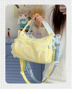 Women canvas gingham plaid shoulder bag casual commuter large capacity tote handbag
