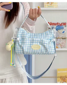 Blue and white gingham canvas shoulder bag, casual trendy underarm bag with cute charm.