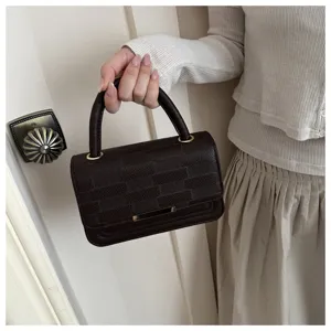 Vue détaillée d'un élégant petit sac à main marron foncé à carreaux avec détail en métal.