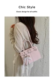 Pink chic shoulder bag with belt buckle and lace bow, stylish daily handbag for women