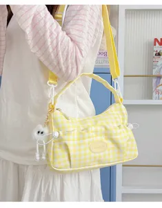 Yellow white gingham canvas shoulder bag casual tote handbag for women daily commuter use