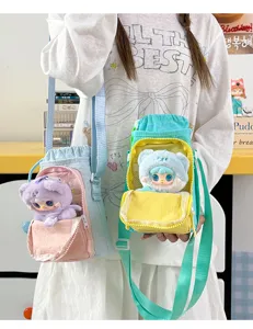 Detailed view of cute plush doll display shoulder bag, canvas bucket bag with clear window.