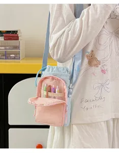 Small canvas cross-body bag stylish blue pink water bottle pouch casual daily multi-use bag