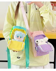 Cute plush toy crossbody water bottle bag portable shoulder messenger bag for women and girls.