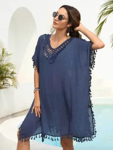 Dark blue beach cover up detail, crochet V neck and tassel fringe design for women.