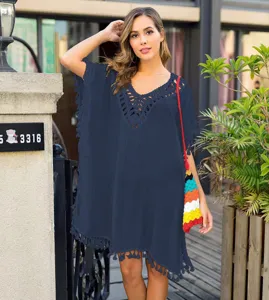 Women's crochet tassel V-neck beach cover up dress, loose casual summer swimwear tunic.