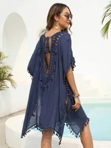 Women hollow out tassel backless beach cover up dress sexy open side swimwear dress 3012
