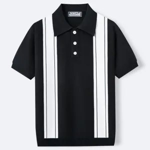 Classic men's black and white striped short sleeve knit polo shirt for business casual