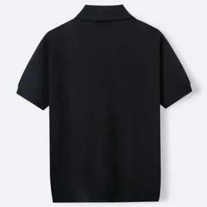 Detailed back view of casual black short sleeve knitted polo shirt with ribbed trim.