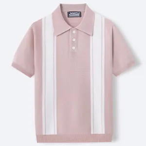 Men striped knit polo shirt short sleeve detail view showing collar and button design.