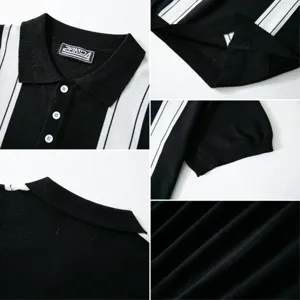 Men detail view of black white striped knit polo shirt, short sleeve collar close up.
