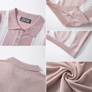 Men short sleeve knitted polo shirt pink and white striped casual summer top apparel