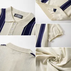 Men's knit polo shirt detail view showing striped design collar and soft textured fabric.
