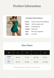Tabella taglie sottoveste mini in satin da donna e specifiche prodotto dettagliate.