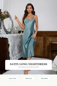 Detalle de camisón lencero de satén con tejido suave, cuello en V y estilo midi elegante.