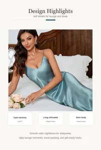 Elegante camisón de satén azul claro con cuello en V y silueta larga para mujeres.