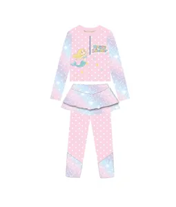 Details of kids long-sleeve two-piece swimsuit with cute mermaid graphic and pink polka dots.