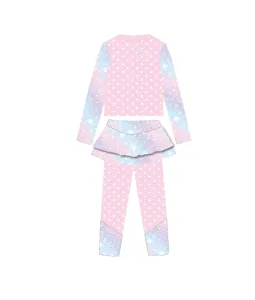 Detailed view of kids swimwear set, pink polka dot top and sparkly gradient leggings.