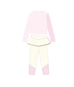 Kids long sleeve two-piece sun protection swimsuit detail, cute polka dot design style.