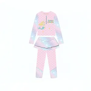 Children long-sleeve split swimsuit with pink polka dots and magical galaxy gradient pattern.