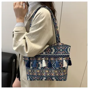 Retro ethnic style woven canvas tote bag detail view showcasing tassels and geometric patterns.