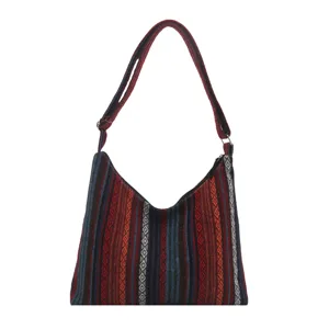 Bohemian ethnic style woven canvas shoulder bag, large casual women crossbody bag.