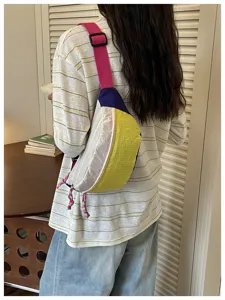 Lightweight colorblock crossbody bag for women, stylish dopamine waterproof outdoor travel bag.