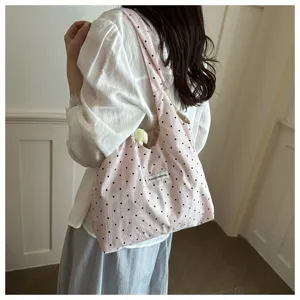 Korean style large capacity shoulder tote bag, stylish polka dot daily casual handbag.