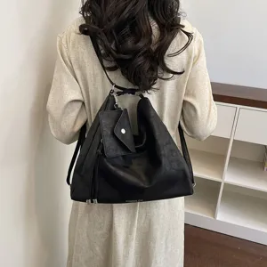 Grande borsa tote nera alla moda, zaino convertibile in pelle PU casual minimalista da donna.
