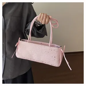 Pink star print baguette shoulder bag for women, trendy casual daily single shoulder handbag.