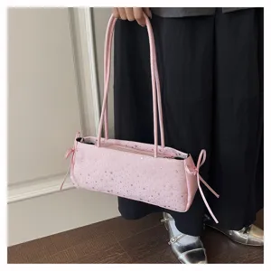 Pink star pattern baguette shoulder bag, stylish casual women's PU leather daily handbag.