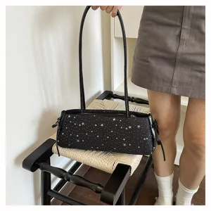 Black shoulder bag for women chic baguette style with silver stars pattern casual daily fashion