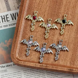 Gothic bat wing cross pendant DIY jewelry charm accessories crystal heart detail view