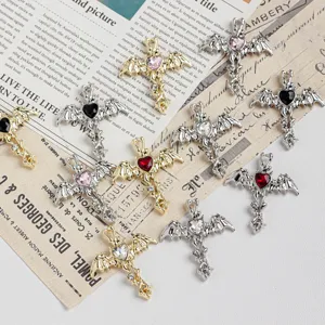 Gothic Zinc Alloy Bat Wings Cross Charms With Heart Rhinestone For DIY Jewelry Making Bracelet Necklace Earring Pendant Craft findings