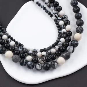 Black and white zebra jasper round loose beads for DIY jewelry making, 4mm-10mm sizes.