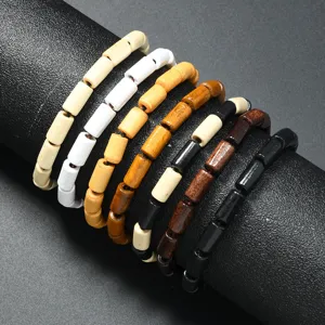Pulsera de Cuentas de Madera Retro Unisex Minimalista Geométrico Cilindro Cuentas de Madera Patchwork Hecho a Mano Joyería Étnica