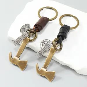 Retro Zinc Alloy Axe Keychain Woven Cowhide Leather Cord Punk Key Ring Car Key Chain Pendant Men Pants Ornament Charm