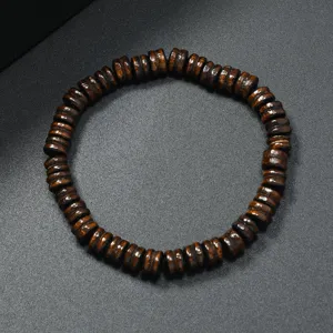 Wooden abacus bead bracelet detail shot, retro ethnic style wooden beaded jewelry piece.