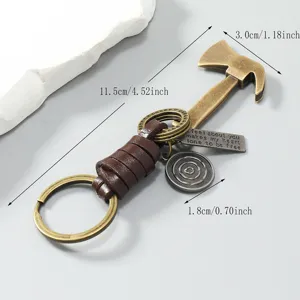 Vintage metal axe keychain with leather braid, retro car key ring and men pants chain pendant