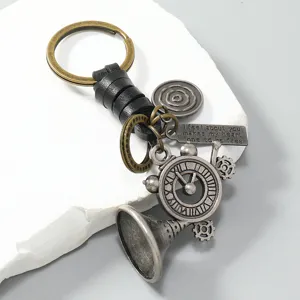 Vintage metal horn clock keychain with braided leather rope, retro pendant for men.