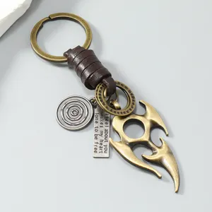 Vintage metal leather keychain with tribal flame pendant retro punk style men accessories