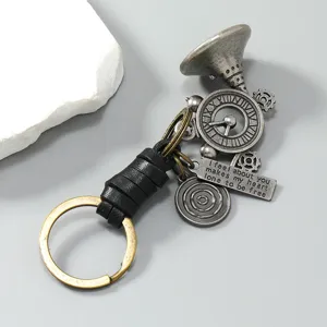 Retro vintage metal leather keychain steampunk trumpet gear pendant mens key ring accessory